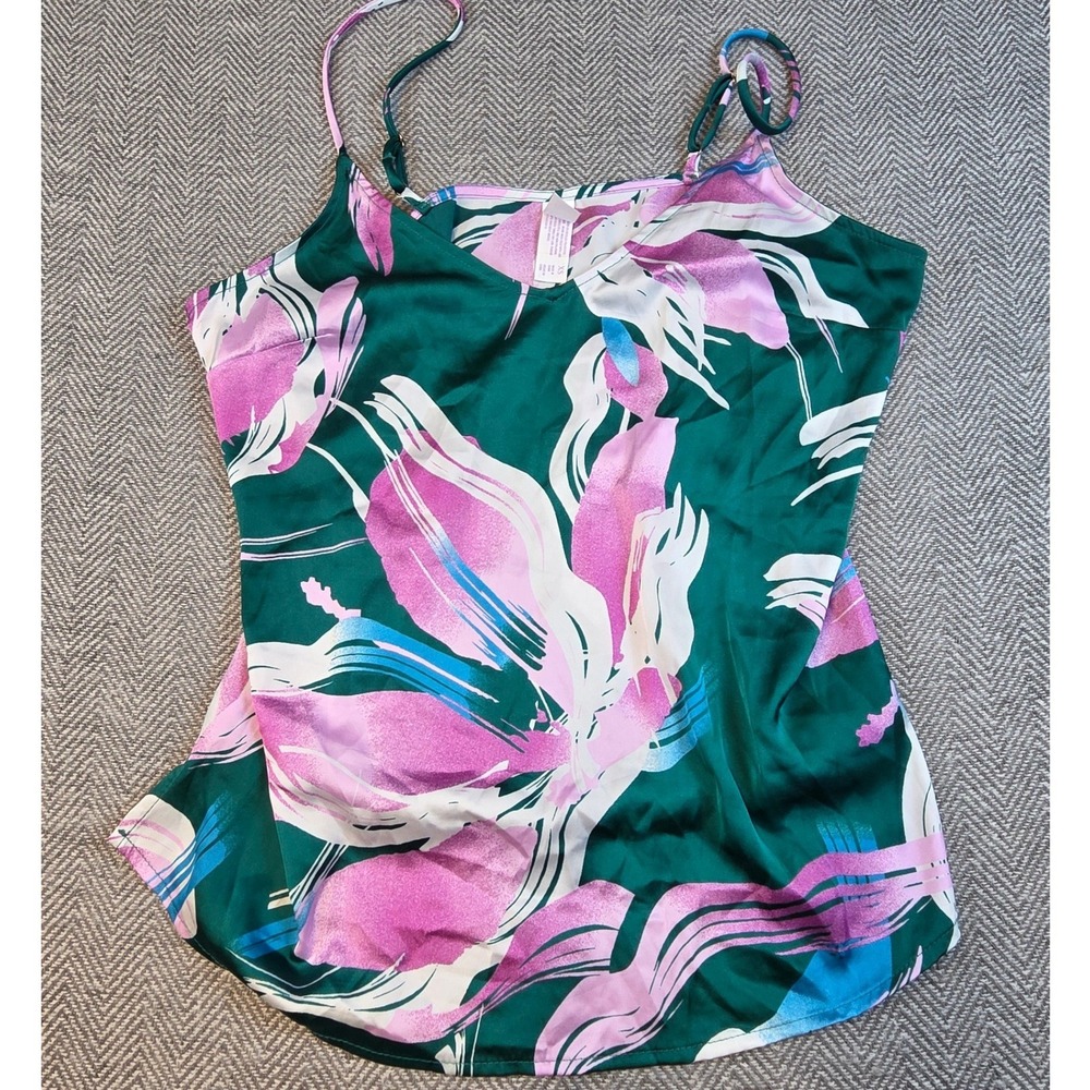 Stars Above Green Pink Floral Satin Camisole Top V-Neck Adjustable Straps XS